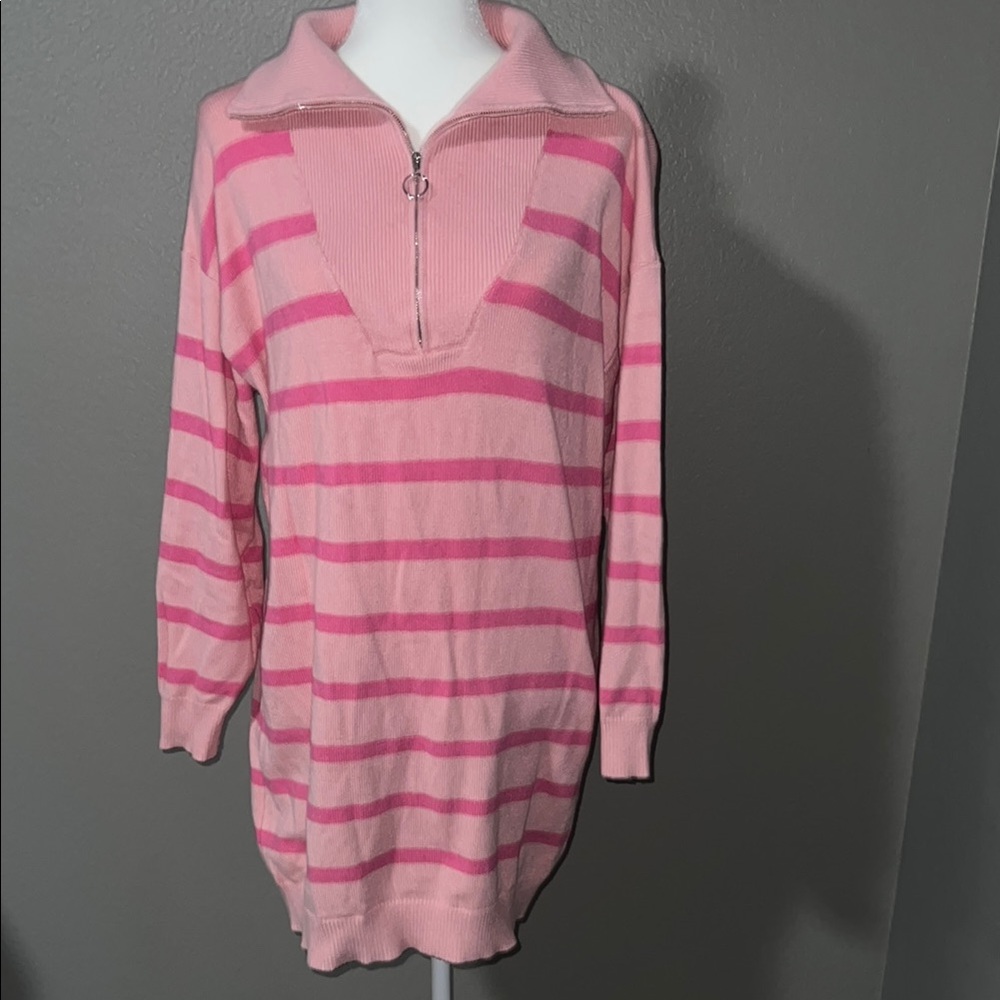 Pink Striped Half-Zip Sweater
